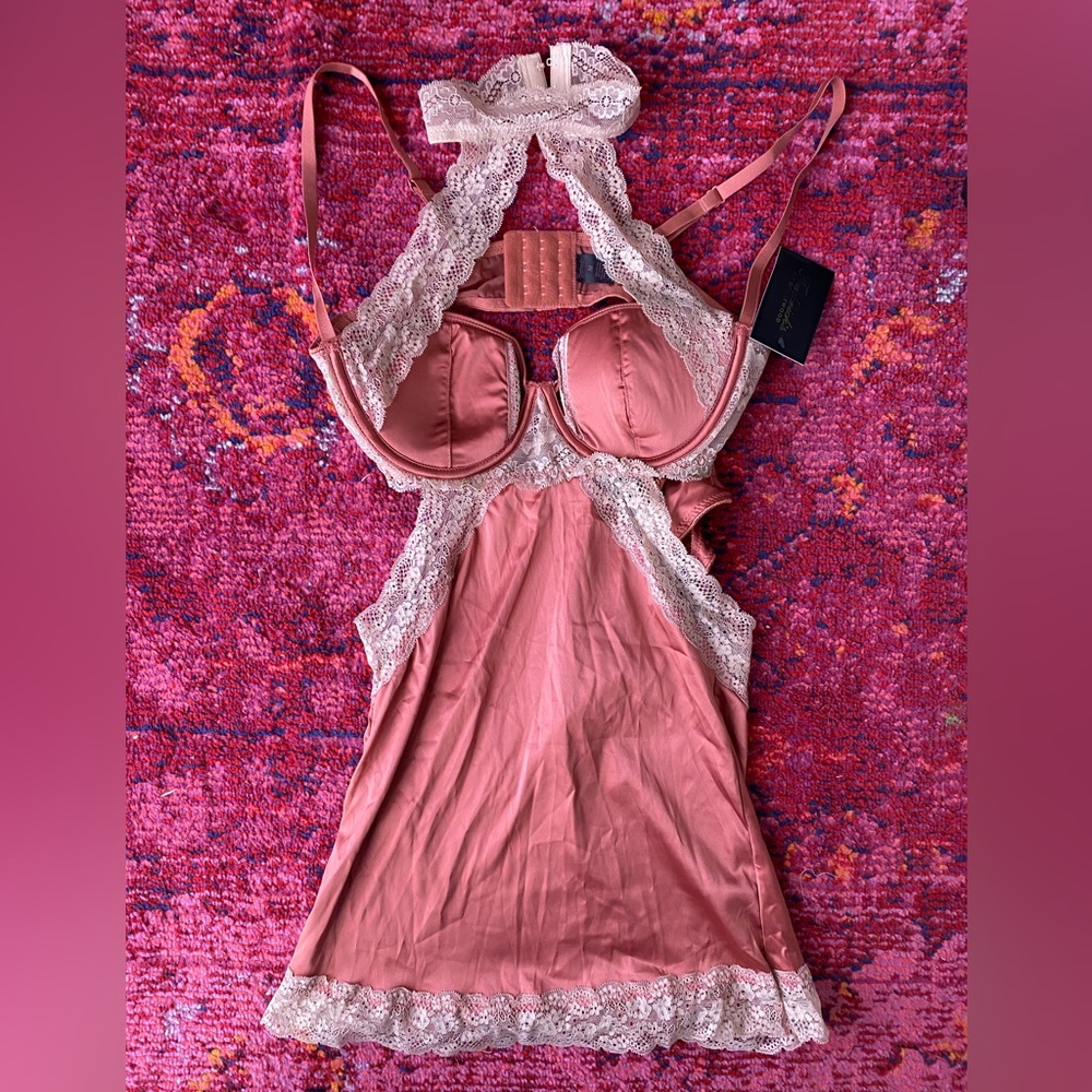 Frederick’s of Hollywood Dress Nighty Teddy Bra lingerie Mauve Pink